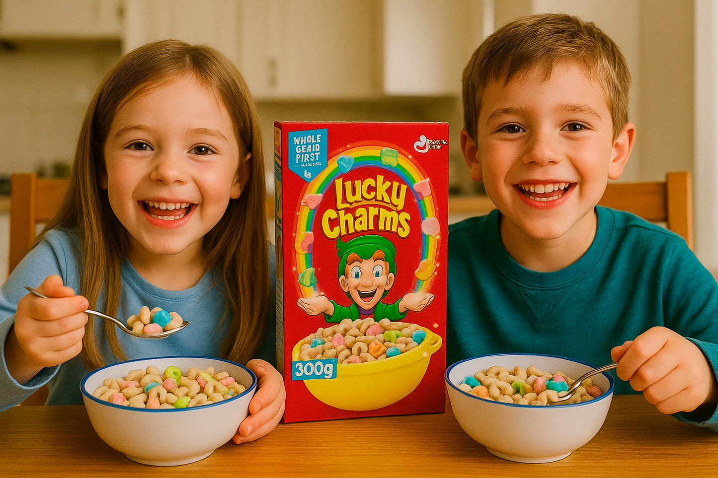 Ciotola con Lucky Charms e latte su tavolo da colazione