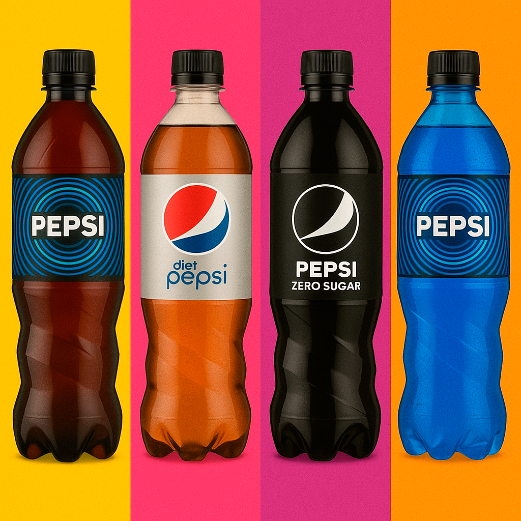 Collezione di bibite americane Pepsi su sfondo pop colorato
