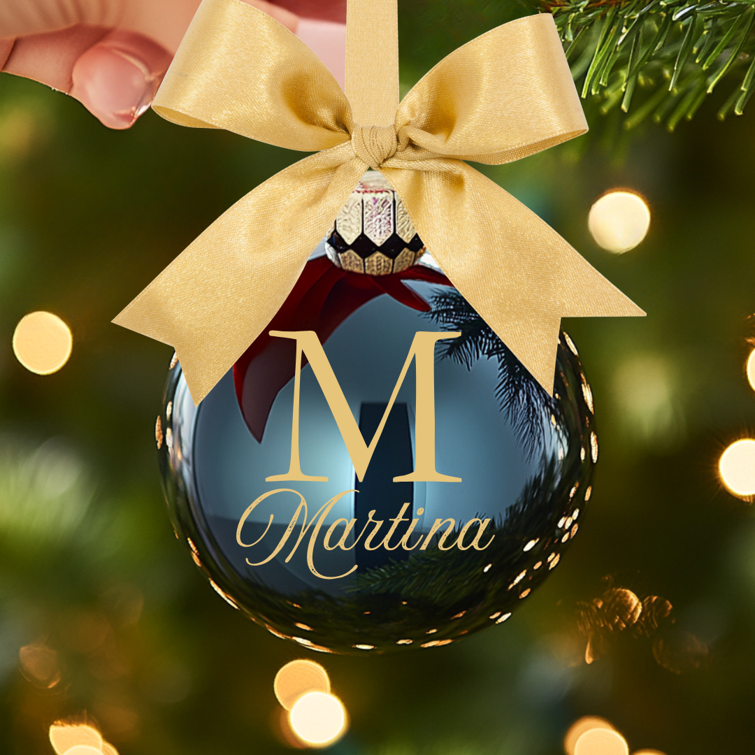 Pallina di Natale in vetro Blu Personalizzata con Fiocco Dorato e Scritta Dorata 8 cm