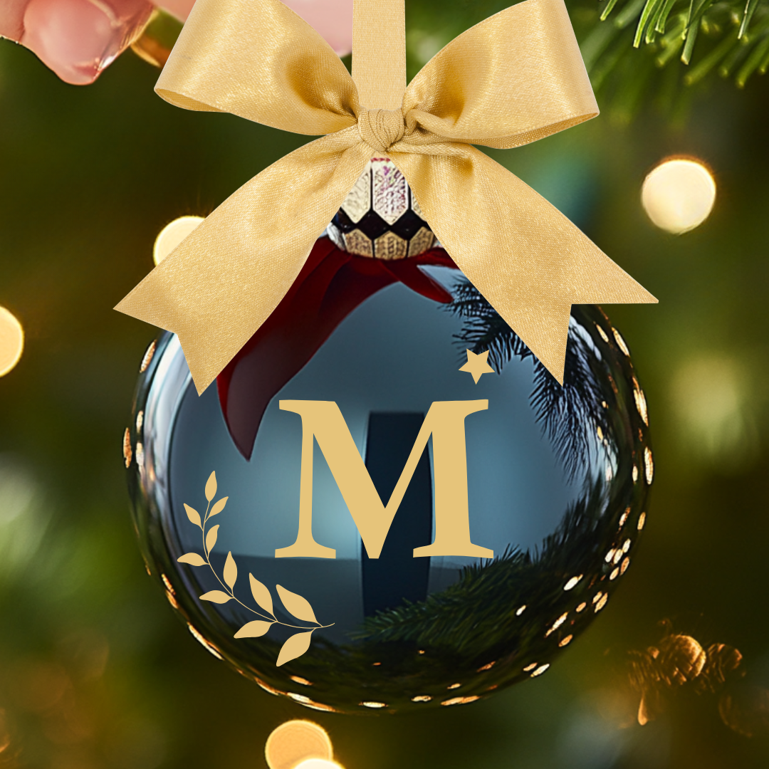 Pallina di Natale in vetro Blu Personalizzata con Fiocco Dorato, Scritta e Decoro Dorato 8cm