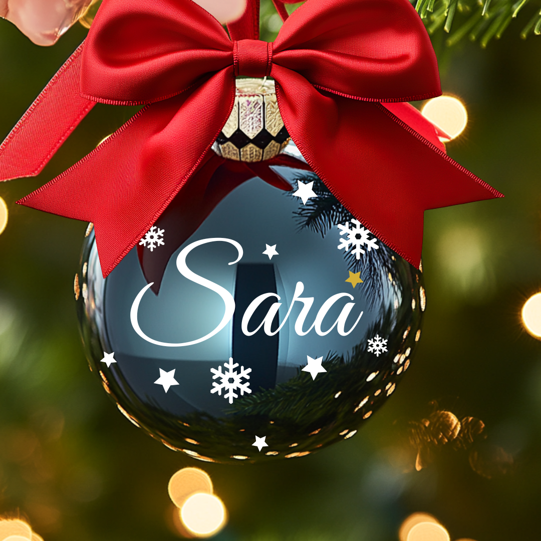 Pallina di Natale in vetro Blu Personalizzata con Fiocco Rosso e Scritta Bianca 8 cm