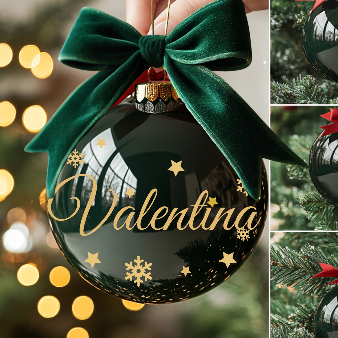 Pallina di Natale in vetro Verde Personalizzata con Nastro in Velluto Verde e Scritta Dorata 8 cm