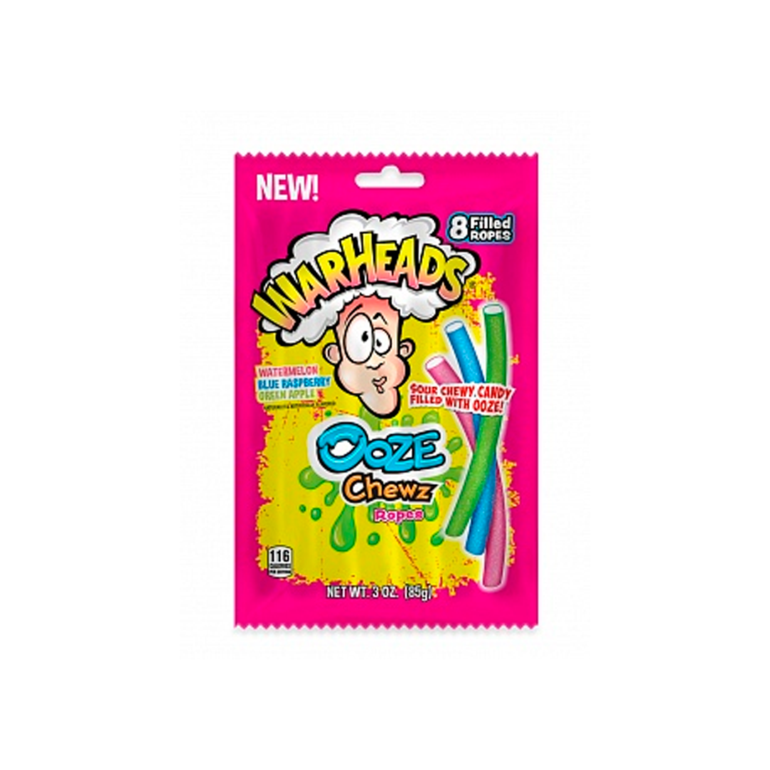 WARHEADS OOZE CHEWZ ROPES - Assorted Sour Fruit Flavored Gummy Candies with Liquid Filling (Net Weight: 85g)