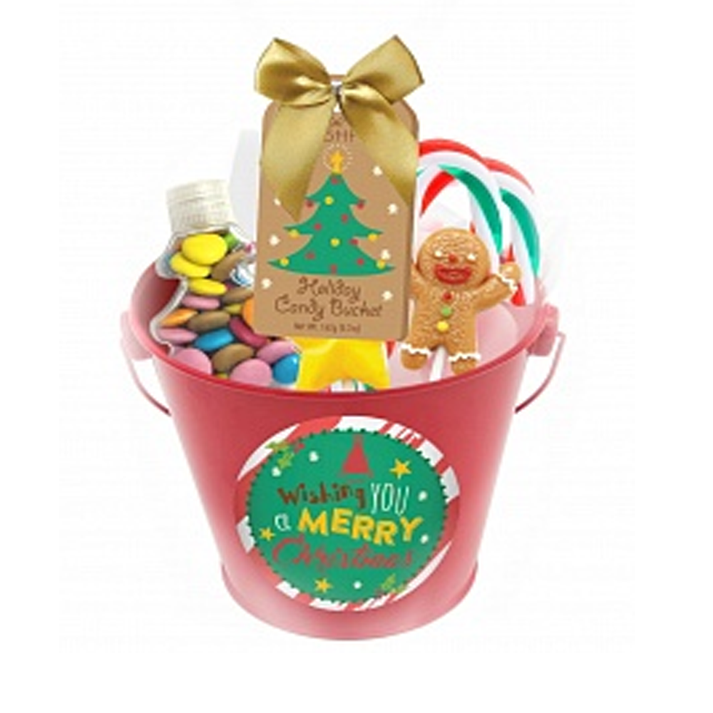 Bucket filled with candy and gingerbread snowman